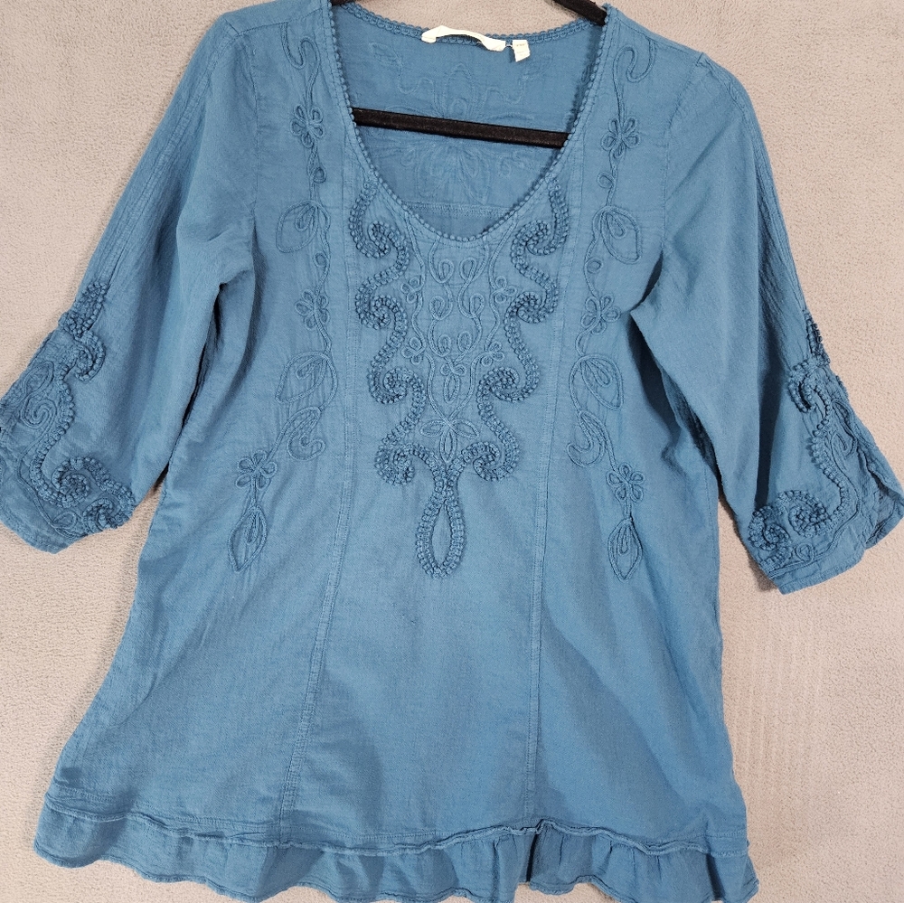 Soft Surroundings Womens Petite PXS Embroidered Shirt Teal Blue 3/4 Sleeve Boho